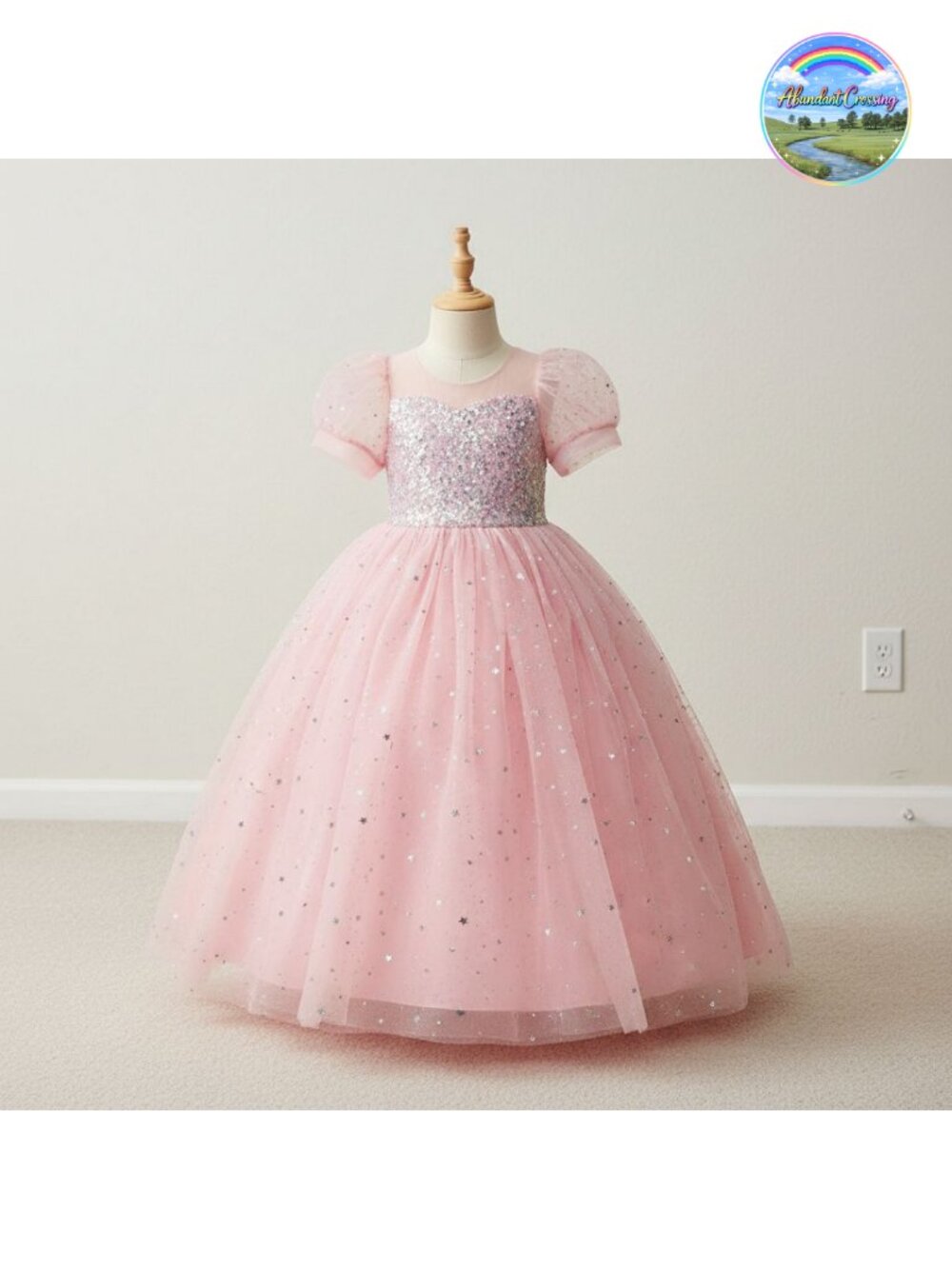 Girls Sparkle Tulle Puff Sleeve Flower Girl Princess Dress